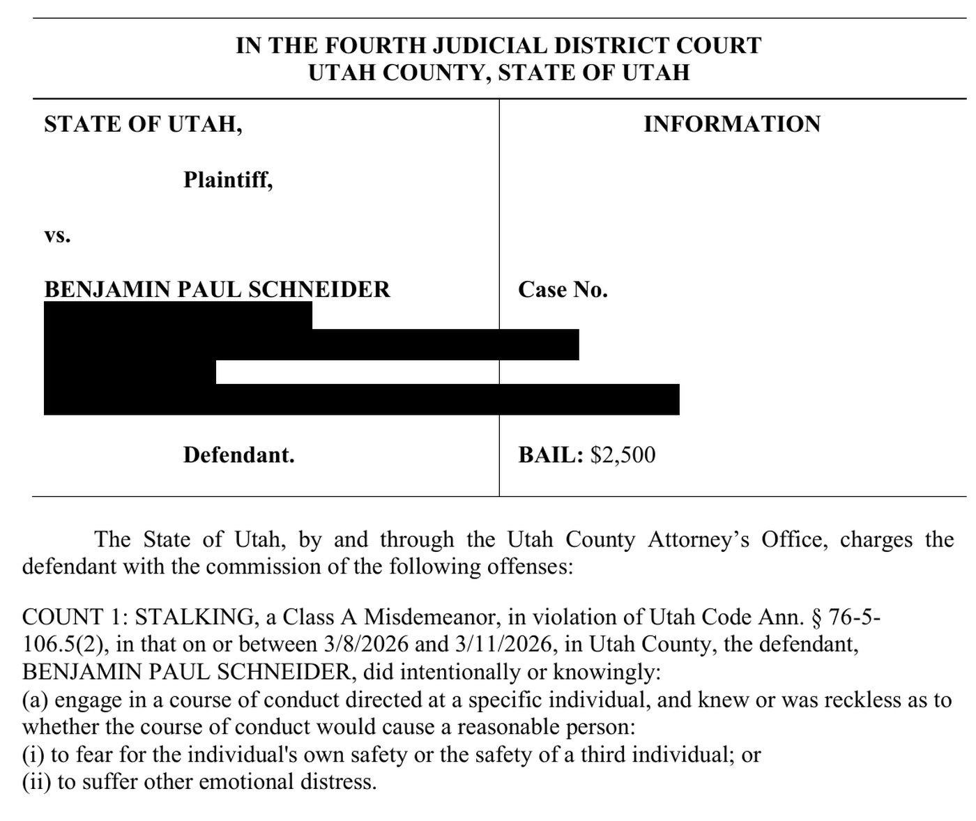 Page one of the Information in State of Utah v. Benjamin Paul Schneider, Fourth Judicial District Court, showing the caption and Count 1, stalking, a Class A misdemeanor
