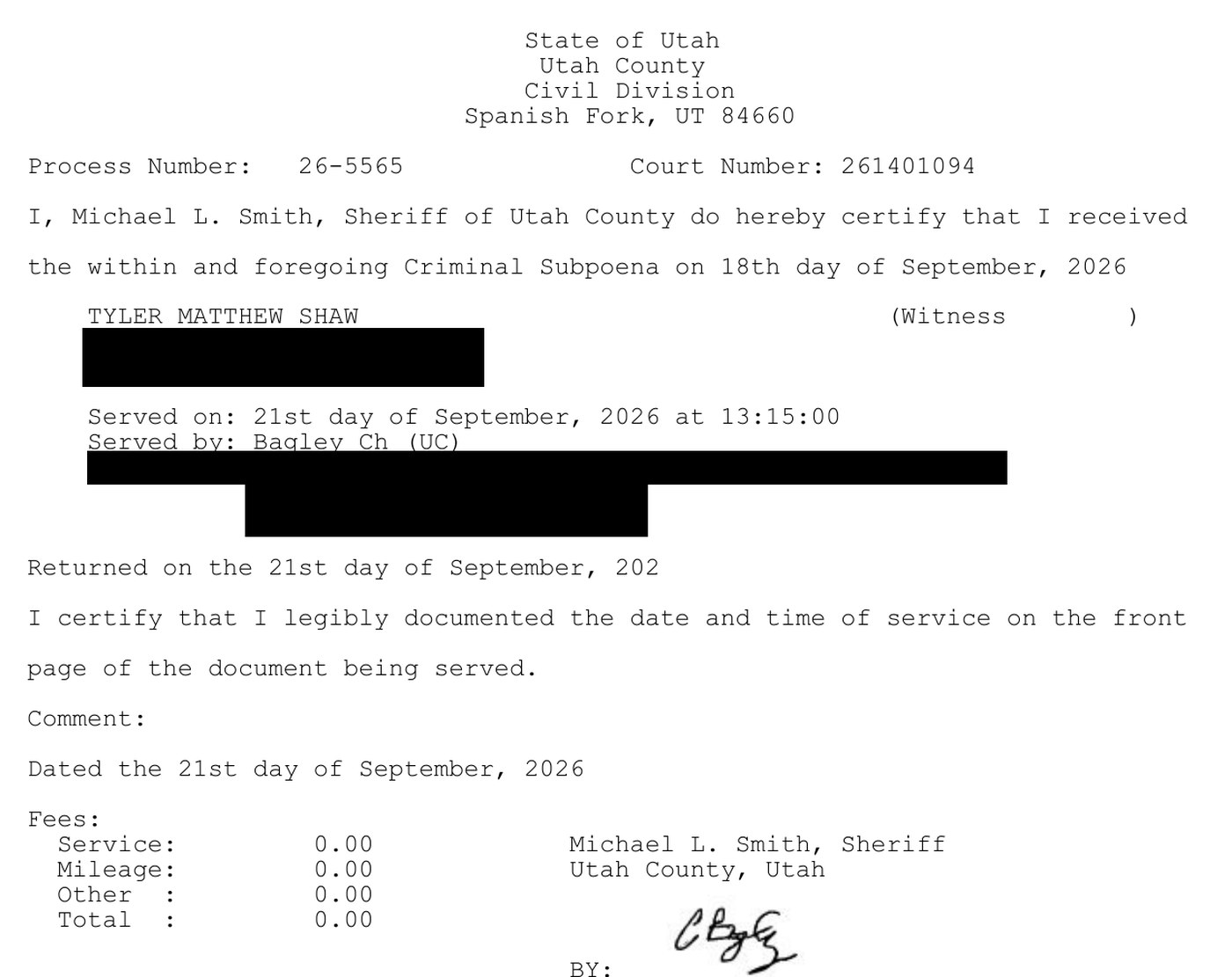 The Utah County Sheriff return of service in case 261401094: criminal subpoena received September 18, 2026, witness Tyler Matthew Shaw, served September 21, 2026, with one line blacked out