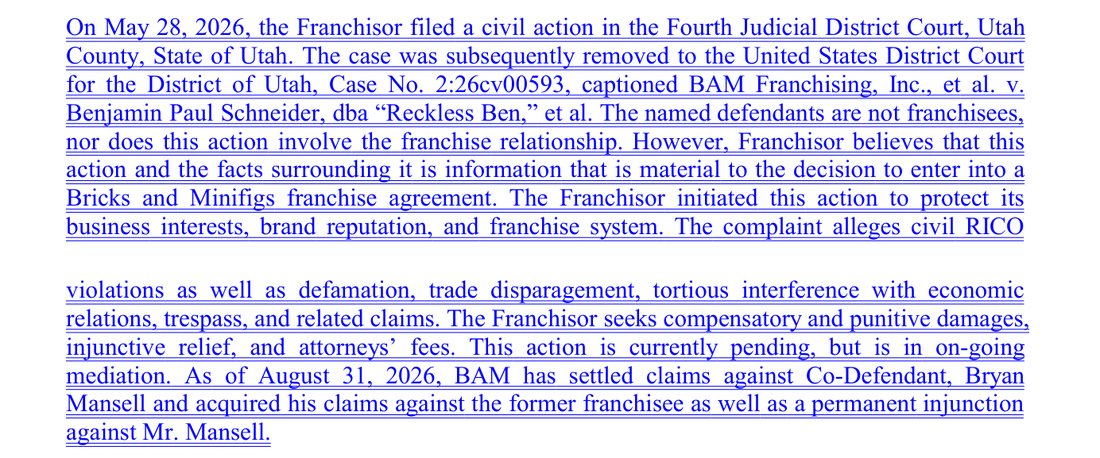 Two underlined paragraphs of legal text beginning On May 28, 2026, the Franchisor filed a civil action, describing the case against Benjamin Paul Schneider dba Reckless Ben and ending with a permanent injunction against Mr. Mansell