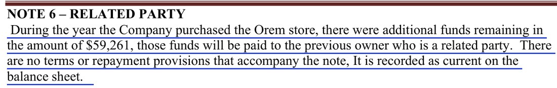 Note 6, Related Party, from BAM's audited statements for 2024: During the year the Company purchased the Orem store, there were additional funds remaining in the amount of $59,261, those funds will be paid to the previous owner who is a related party. There are no terms or repayment provisions that accompany the note.