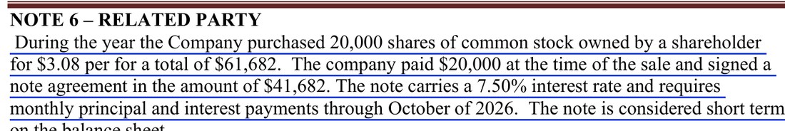 Note 6, Related Party, from BAM's audited statements for 2025: During the year the Company purchased 20,000 shares of common stock owned by a shareholder for $3.08 per for a total of $61,682. The company paid $20,000 at the time of the sale and signed a note agreement in the amount of $41,682. The note carries a 7.50% interest rate and requires monthly principal and interest payments through October of 2026.