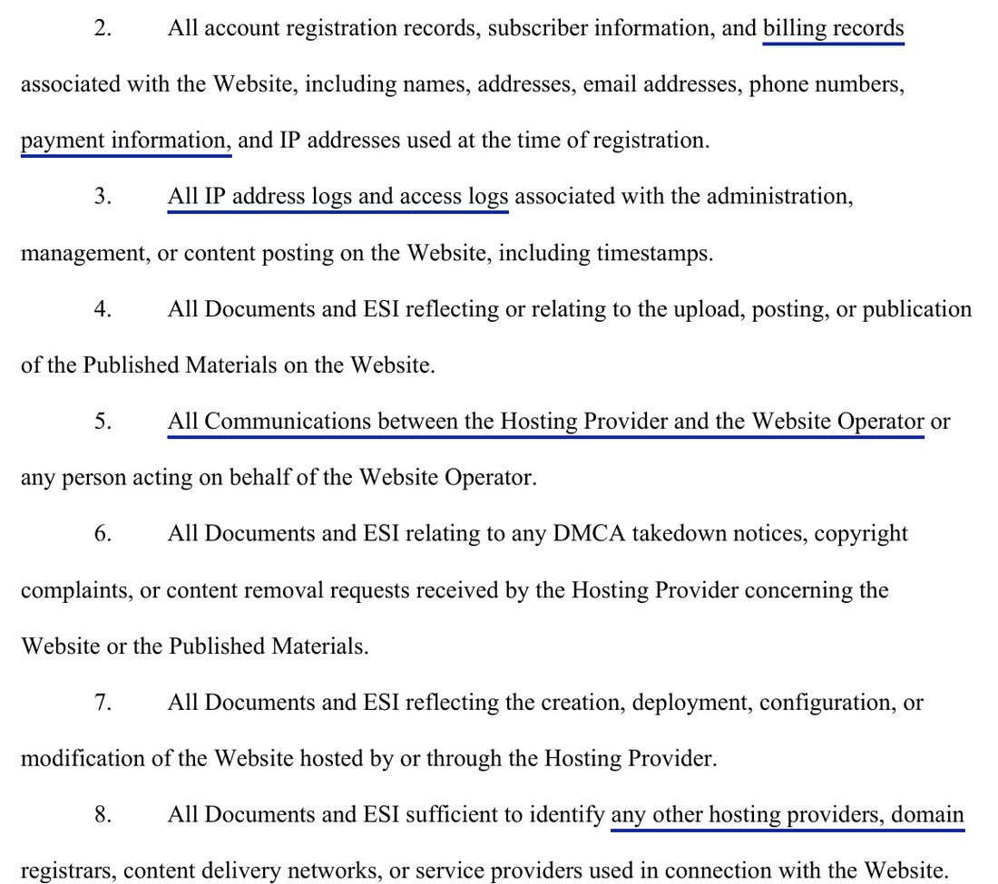 Requests 2 through 8: all account registration records, subscriber information, and billing records, including payment information and IP addresses; all IP address logs and access logs associated with the administration, management, or content posting on the Website; all documents relating to the upload, posting, or publication of the Published Materials; all communications between the Hosting Provider and the Website Operator; all documents relating to DMCA takedown notices, copyright complaints, or content removal requests; all documents reflecting the creation, deployment, configuration, or modification of the Website; and all documents sufficient to identify any other hosting providers, domain registrars, content delivery networks, or service providers used in connection with the Website.