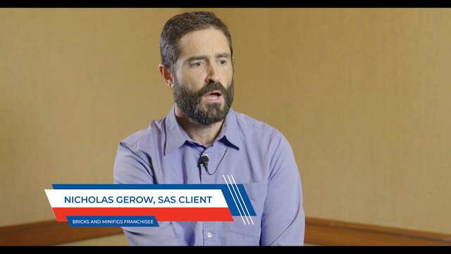 Nicholas Gerow, on-screen caption NICHOLAS GEROW, SAS CLIENT, BRICKS AND MINIFIGS FRANCHISEE