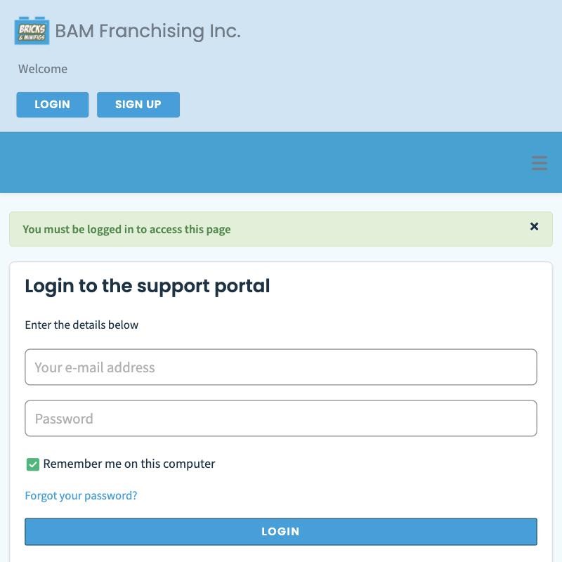 bamfran.freshdesk.com on September 30, 2026: BAM Franchising Inc. Welcome. Login. Sign up. A green banner reads: You must be logged in to access this page. Below it, a form headed Login to the support portal, with fields for e-mail address and password.