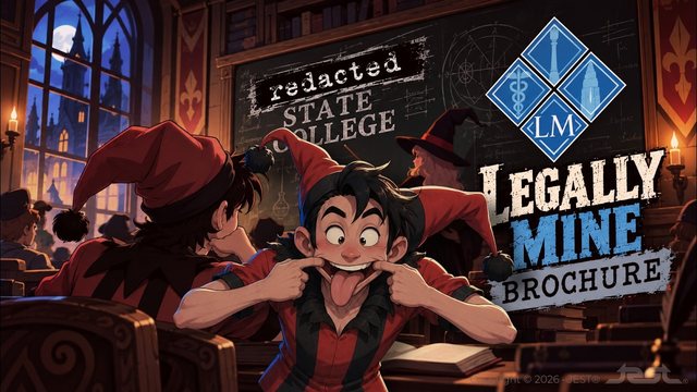 JEST&rsquo;s thumbnail for Part 2: a cartoon jester in a lecture hall beside the words Legally Mine Brochure