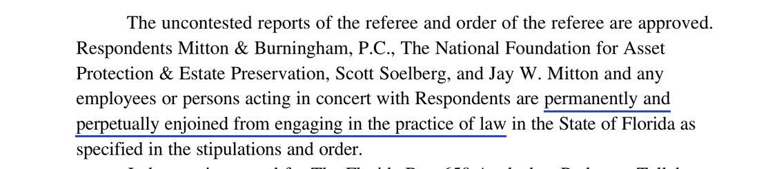 The uncontested reports of the referee and order of the referee are approved. Respondents Mitton & Burningham, P.C., The National Foundation for Asset Protection & Estate Preservation, Scott Soelberg, and Jay W. Mitton and any employees or persons acting in concert with Respondents are permanently and perpetually enjoined from engaging in the practice of law in the State of Florida as specified in the stipulations and order.
