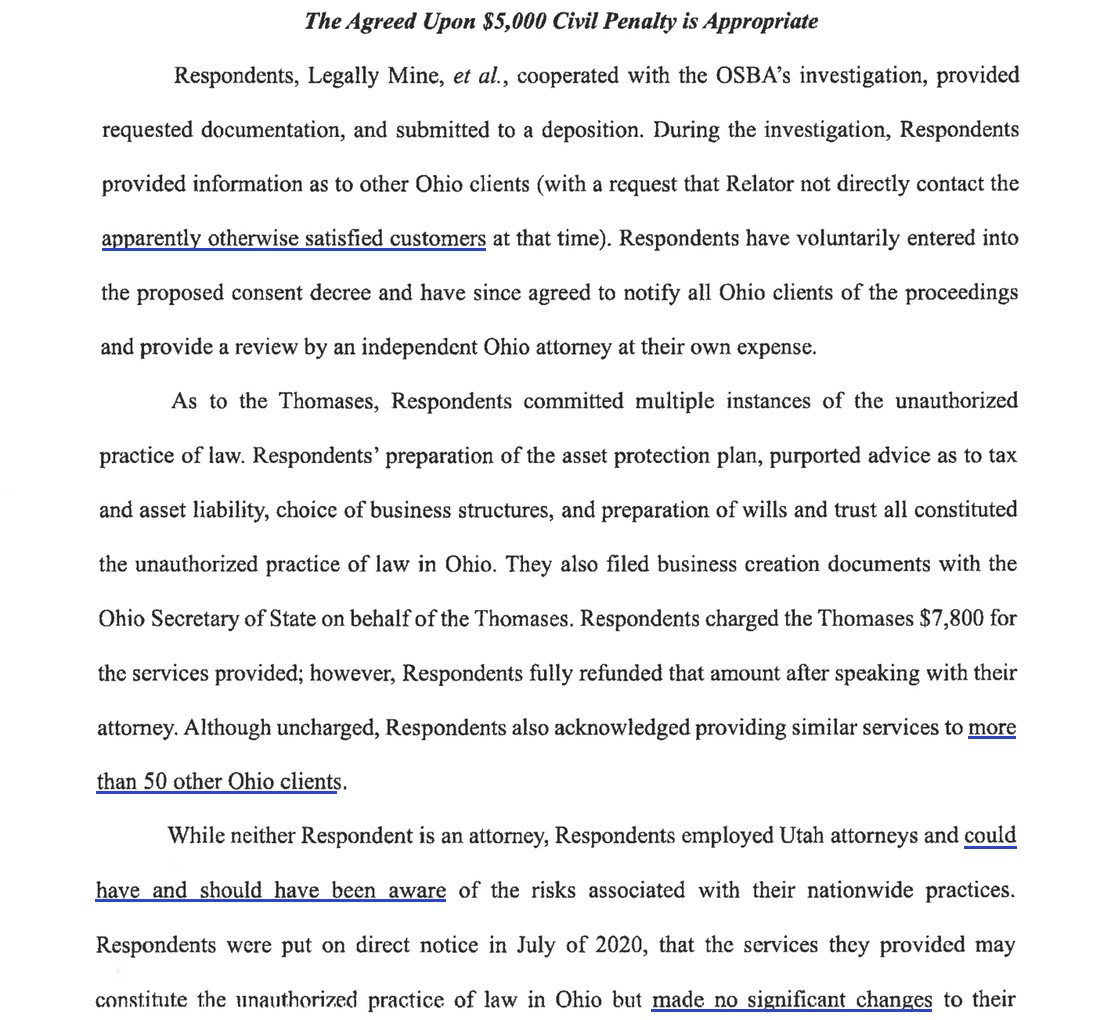 The Agreed Upon $5,000 Civil Penalty is Appropriate: Respondents cooperated, provided documentation and submitted to a deposition; provided information as to other Ohio clients with a request that Relator not directly contact the apparently otherwise satisfied customers; charged the Thomases $7,800 and refunded it after speaking with their attorney; although uncharged, acknowledged providing similar services to more than 50 other Ohio clients; employed Utah attorneys and could have and should have been aware of the risks; were put on direct notice in July of 2020 but made no significant changes.