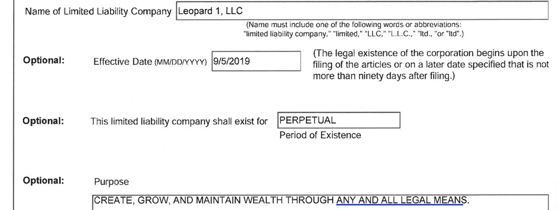 Articles of Organization for a Domestic Limited Liability Company: name Leopard 1, LLC; effective date 9/5/2019; period of existence perpetual; purpose: CREATE, GROW, AND MAINTAIN WEALTH THROUGH ANY AND ALL LEGAL MEANS.