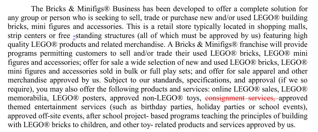 Item 1 of BAM’s marked 2025 disclosure document. The paragraph describing the Bricks & Minifigs business ends: you may also offer the following products and services: online LEGO sales, LEGO memorabilia, LEGO posters, approved non-LEGO toys, followed by the words consignment services in red strike-through, then approved themed entertainment services, approved off-site events, after school project-based programs and other toy-related products and services approved by us.