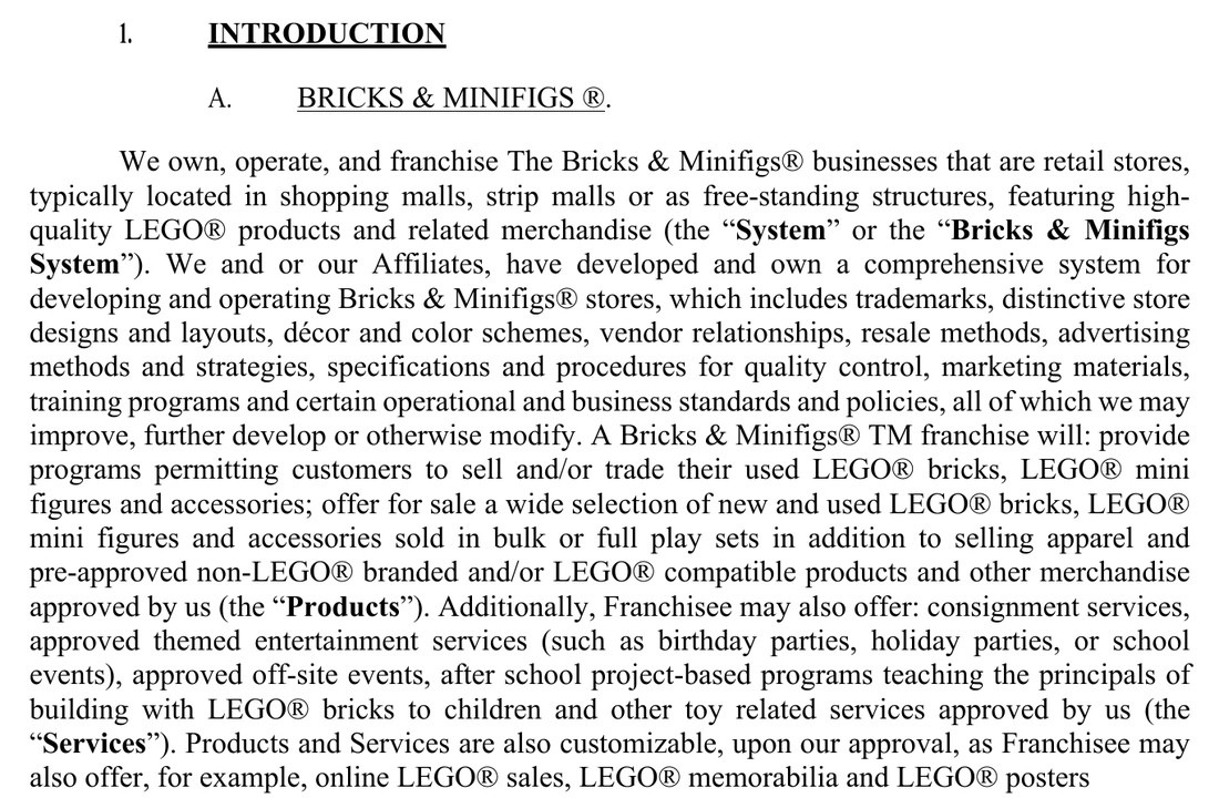The first page of the franchise agreement inside BAM’s marked 2026 disclosure document. 1. Introduction. A. Bricks & Minifigs. The paragraph reads in part: Additionally, Franchisee may also offer: consignment services, approved themed entertainment services (such as birthday parties, holiday parties, or school events), approved off-site events, after school project-based programs. No part of the paragraph is marked.