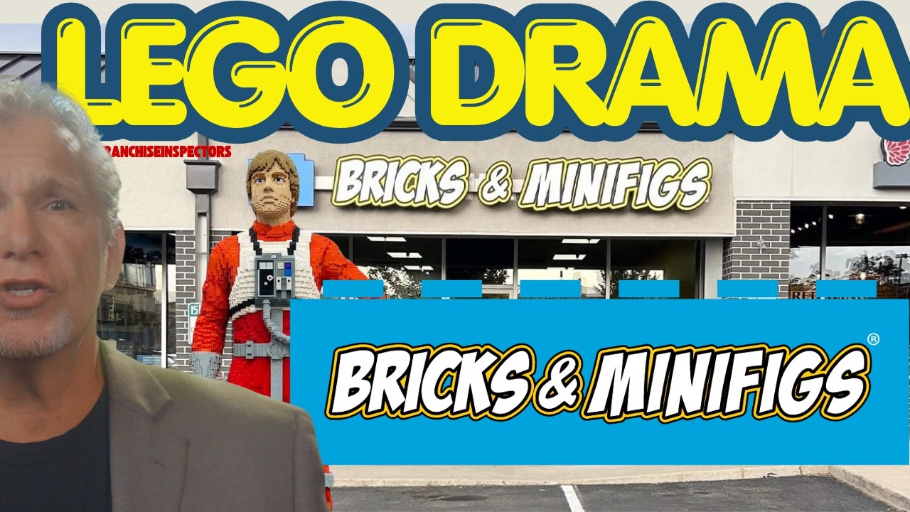Franchise Inspectors thumbnail for the video: the words LEGO DRAMA over a Bricks & Minifigs storefront, with the channel&rsquo;s presenter at left