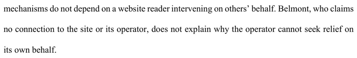 From page 11 of BAM's memorandum. These mechanisms do not depend on a website reader intervening on others' behalf. Belmont, who claims no connection to the site or its operator, does not explain why the operator cannot seek relief on its own behalf.