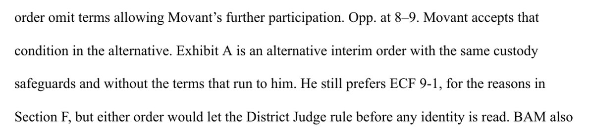 From page 1 of Belmont's reply, docket entry 12. Movant accepts that condition in the alternative. Exhibit A is an alternative interim order with the same custody safeguards and without the terms that run to him. He still prefers ECF 9-1, for the reasons in Section F, but either order would let the District Judge rule before any identity is read.