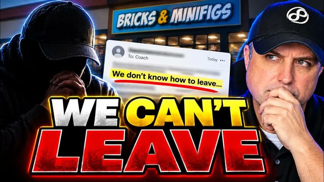 Coach&rsquo;s Archives&rsquo; own thumbnail for its October 10 video. It is a made image showing a hooded figure in front of a Bricks & Minifigs storefront, a mock message card addressed to Coach that reads We don&rsquo;t know how to leave, the words WE CAN&rsquo;T LEAVE, and the presenter.