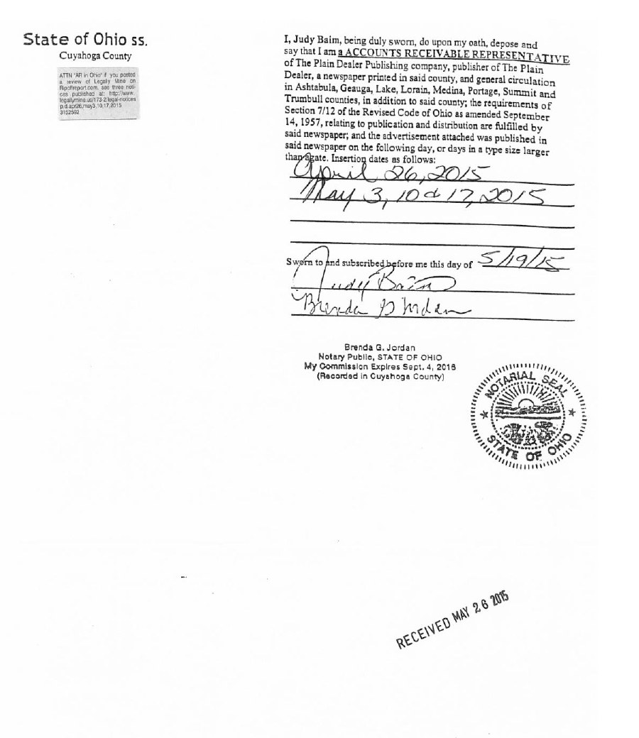 Exhibit B to the proof of service: the State of Ohio, Cuyahoga County affidavit of an accounts receivable representative of The Plain Dealer Publishing Company, insertion dates April 26, 2015 and May 3, 10 and 17, 2015, sworn May 19, 2015, with the clipped notice: ATTN AR in Ohio if you posted a review of Legally Mine on Ripoffreport.com, see three notices published at http://www.legallymine.us/173-2/legal-notices.