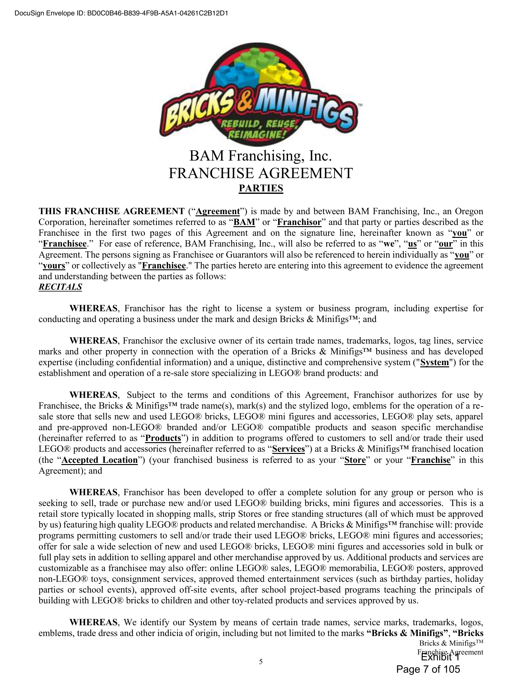 The recitals page of the franchise agreement BAM filed as its own exhibit in Clackamas County case 23CV36974, listing consignment services among the services a store provides.