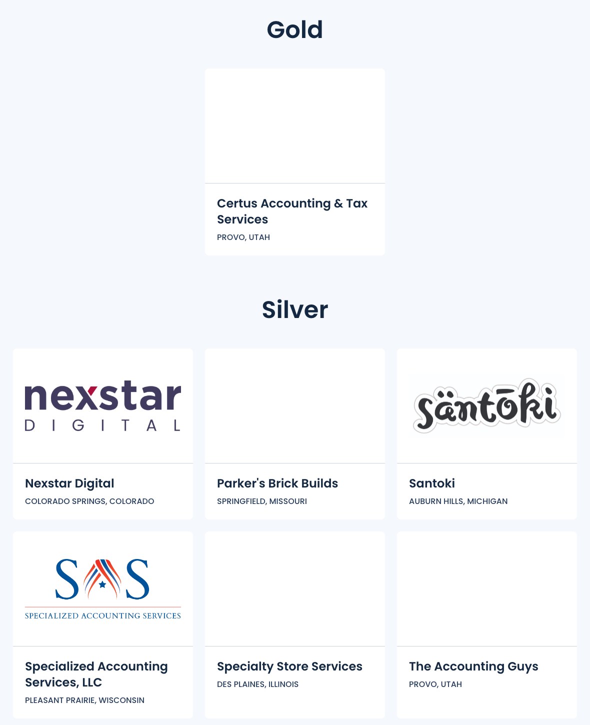 The Sponsors page of the BAMcon 2026 website. Under Gold, one card: Certus Accounting and Tax Services, Provo, Utah. Under Silver, six cards: Nexstar Digital, Colorado Springs; Parker's Brick Builds, Springfield, Missouri; Santoki, Auburn Hills, Michigan; Specialized Accounting Services, LLC, Pleasant Prairie, Wisconsin; Specialty Store Services, Des Plaines, Illinois; The Accounting Guys, Provo, Utah.