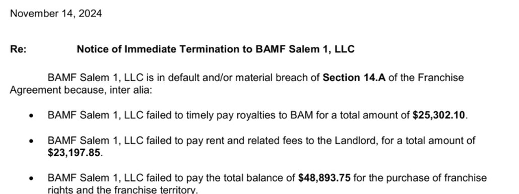Three strips from the first page of the letter: the date November 14, 2024; the subject line, Notice of Immediate Termination to BAMF Salem 1, LLC; and the three defaults listed, royalties of $25,302.10, rent and related fees of $23,197.85, and a purchase balance of $48,893.75.