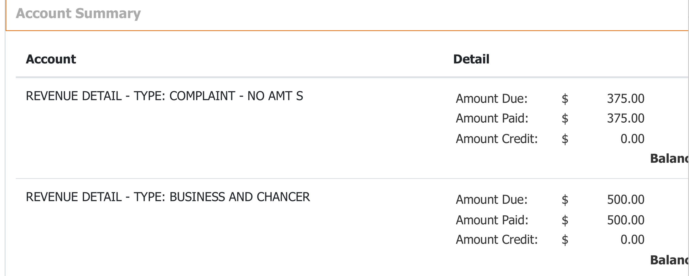 The case fee account on the court index: revenue detail, type complaint, amount due $375.00, amount paid $375.00; and the Business and Chancery Court fee, $500.00 due and paid