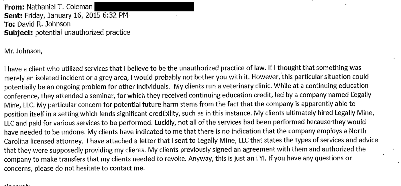 An email of January 16, 2015 from Nathaniel T. Coleman to David R. Johnson, subject potential unauthorized practice, describing clients who run a veterinary clinic, a continuing education seminar led by Legally Mine, services paid for, and transfers the clients needed to revoke; the sender's email address is blacked out