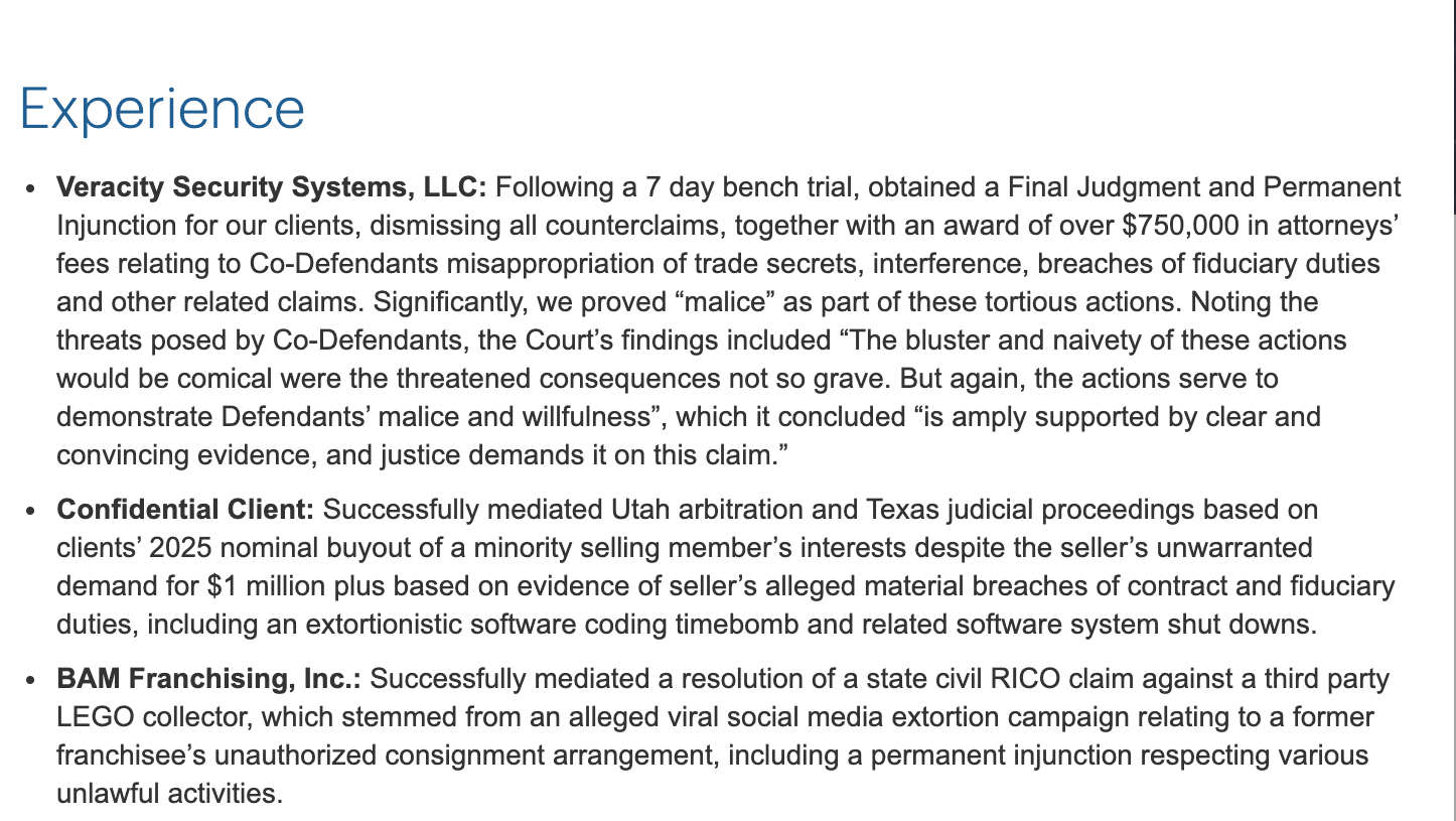The Experience list on the Dentons biography of Wm. Kelly Nash: the heading, a Veracity Security Systems entry, a Confidential Client entry, then BAM Franchising, Inc., successfully mediated a resolution of a state civil RICO claim against a third party LEGO collector, including a permanent injunction respecting various unlawful activities