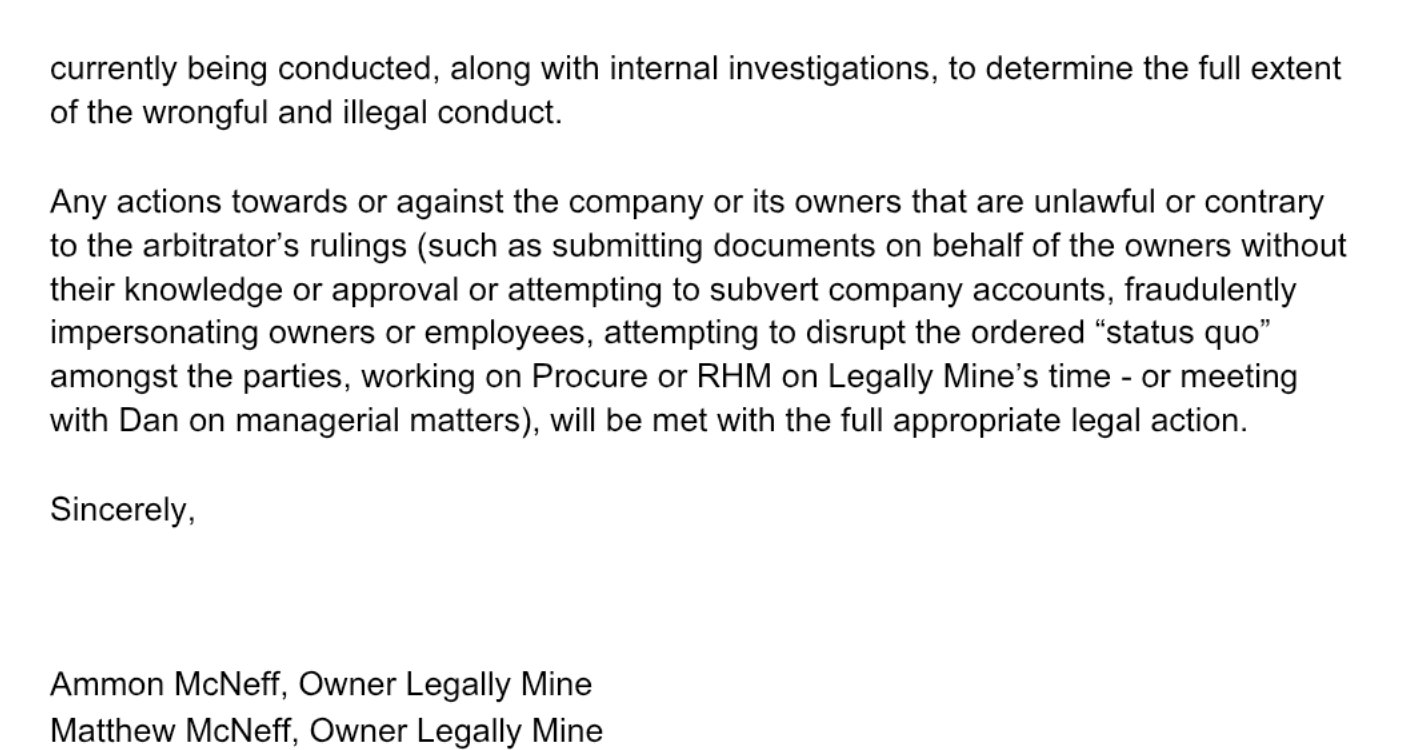 The last page of the sons' notice to staff: criminal investigations are currently being conducted, along with internal investigations, to determine the full extent of the wrongful and illegal conduct; any actions contrary to the arbitrator's rulings will be met with the full appropriate legal action; signed Ammon McNeff, Owner Legally Mine, and Matthew McNeff, Owner Legally Mine