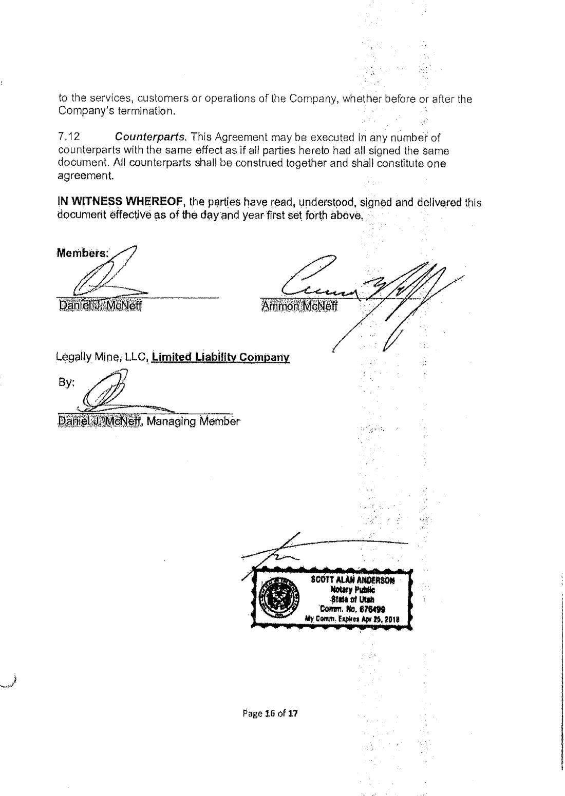 Signature page numbered Page 16 of 17 with two members, Daniel J. McNeff and Ammon McNeff, and the notary stamp of Scott Alan Anderson, commission 676499, expires April 25 2018