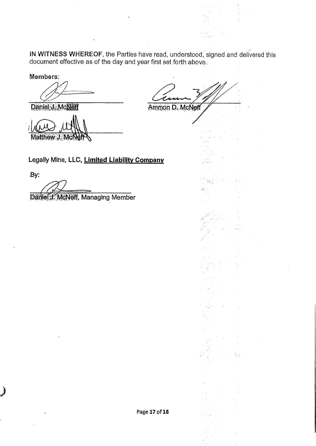 Signature page numbered Page 17 of 18 with three members, Daniel, Ammon and Matthew McNeff, and no notary stamp